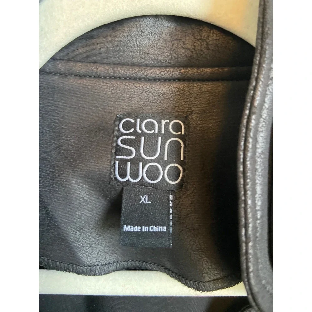 Clara Sunwoo Womens XL Black Liquid Leather Zip Moto Jacket Gold Zip - Picture 2 of 8